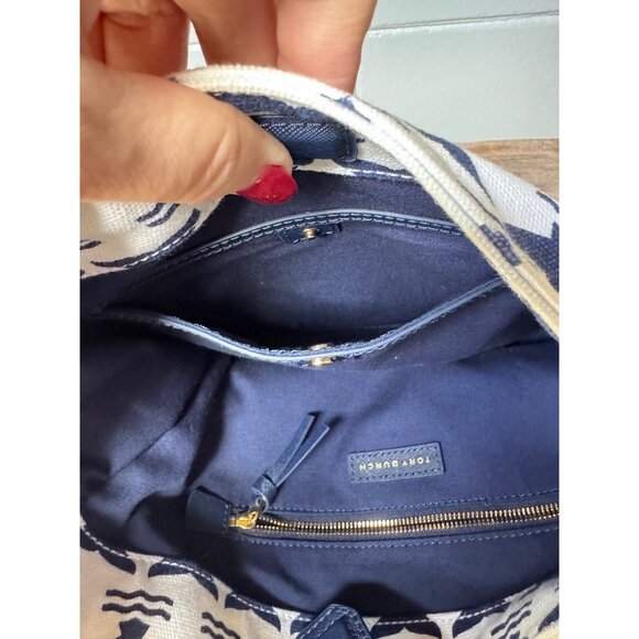 Tory Burch Navy Whale Print Canvas Hobo Shoulder Bag Rope Handle Summer Nautical - Picture 7 of 9